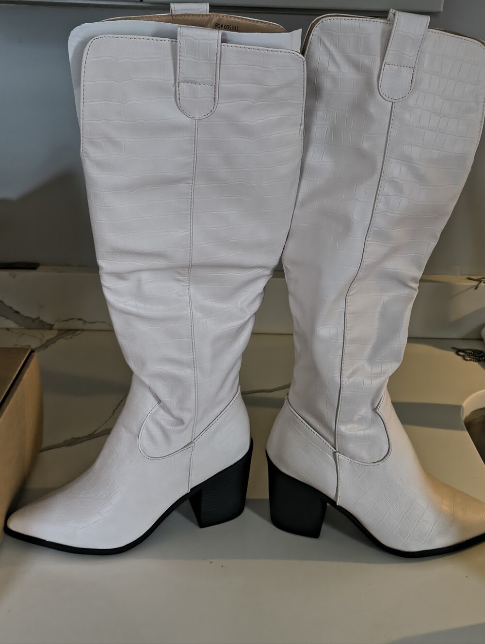 Journee Collection White Croc-Embossed Knee-High Heeled Boots